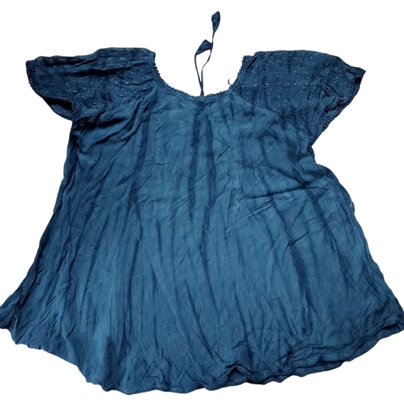 Vintage Blue Lace Up Neck Flowy Eyelet Top - Picture 4 of 9